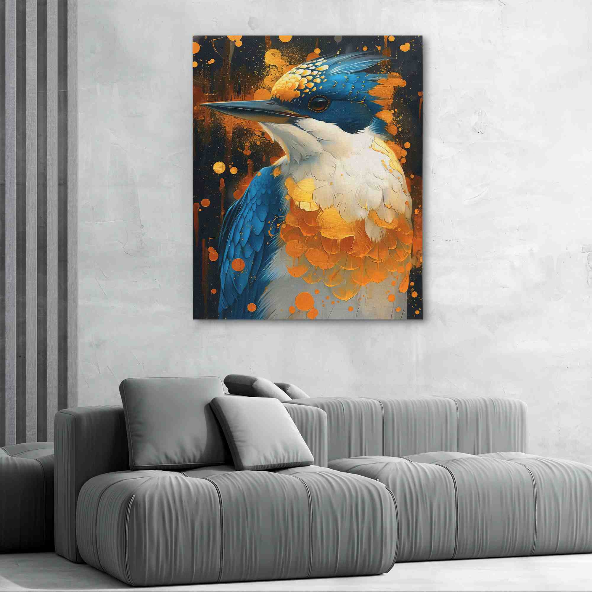 a painting of a blue and white bird on a black background