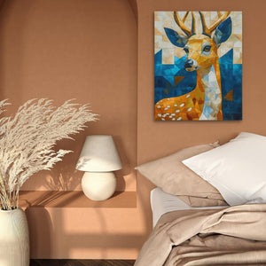 a painting of a deer on a wall above a bed