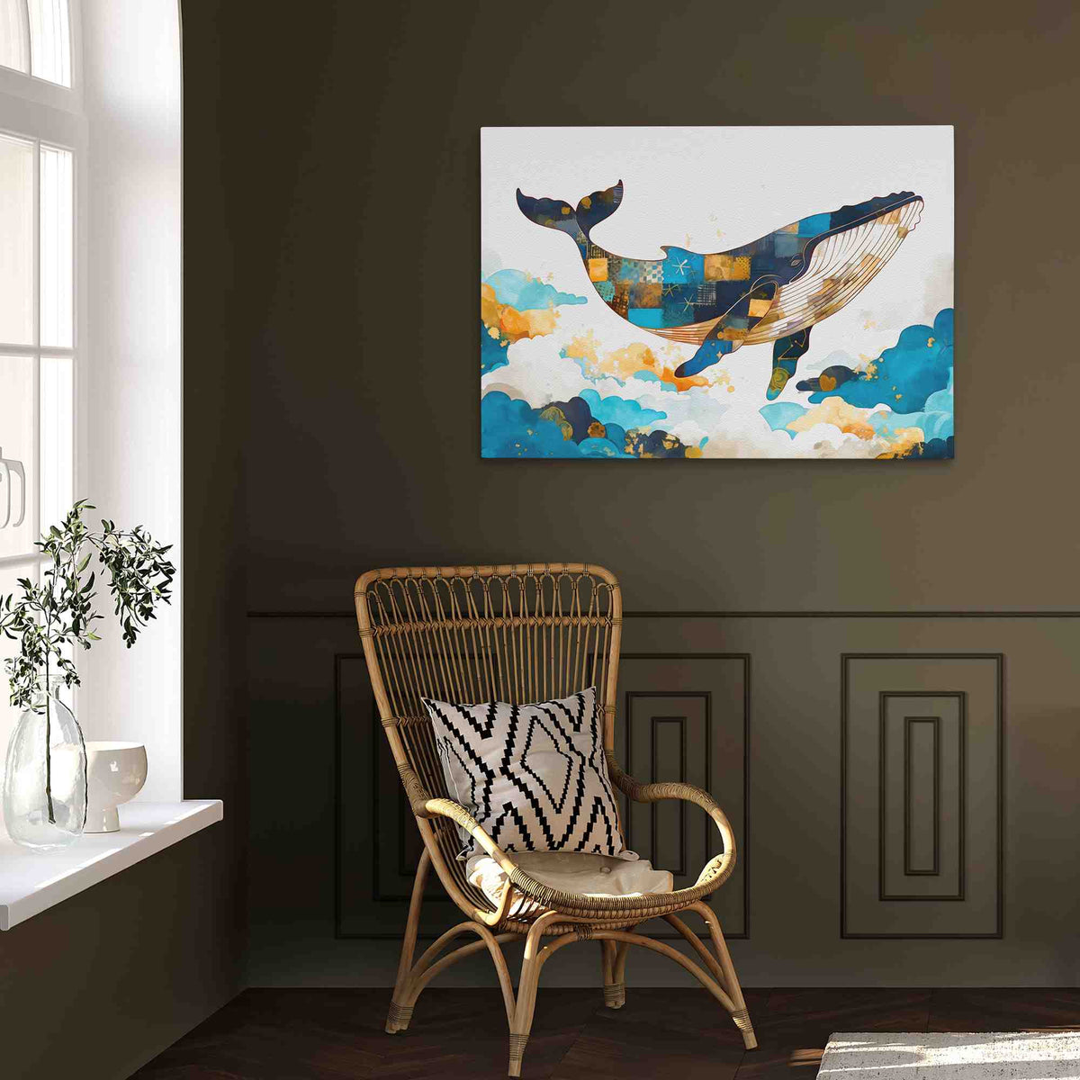a living room with a chair and a painting on the wall