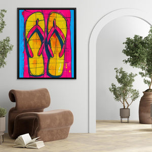 a painting of a pair of flip flops on a wall