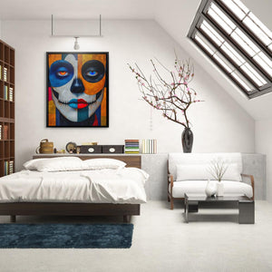 a bedroom with a bed and a painting on the wall