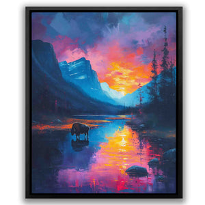 a painting of a moose standing in a lake at sunset