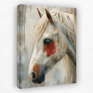 a painting of a white horse with a red spot on it's face