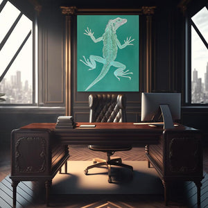 a desk with a computer and a lizard on it