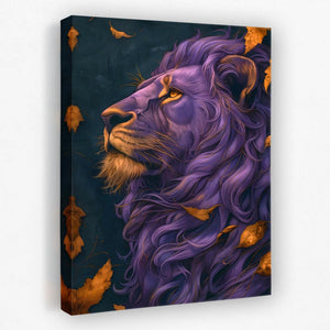 a painting of a lion surrounded by leaves