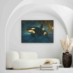 a living room with a white couch and a painting on the wall