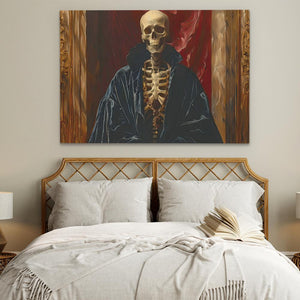 a painting of a skeleton sitting on a bed