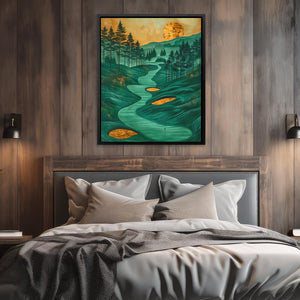 a bedroom with a bed and a painting on the wall