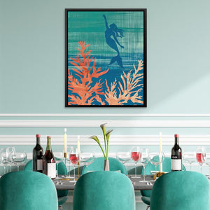 a dining room with a painting of a mermaid on the wall