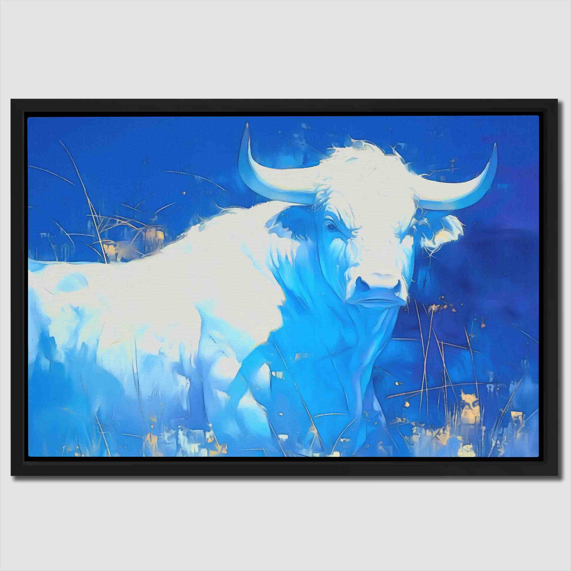 a painting of a white bull in a blue field