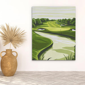 a painting of a golf course on a wall