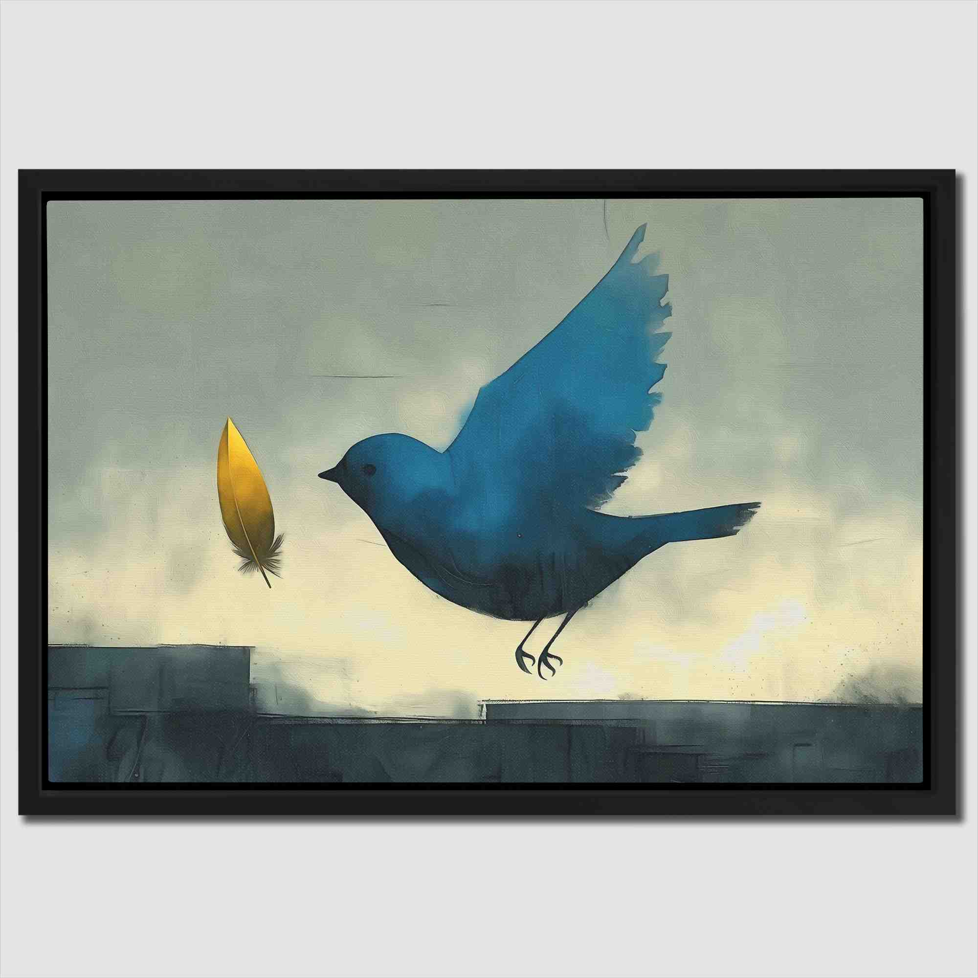 a painting of a blue bird and a yellow leaf