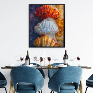 a painting of seashells on a wall above a dining room table