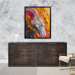 a painting of a snake on a wall above a dresser