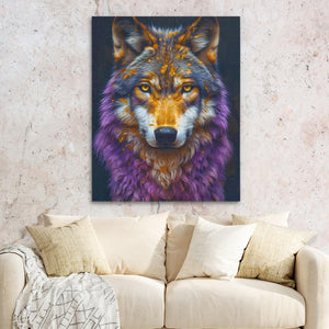 a painting of a wolf on a wall above a couch