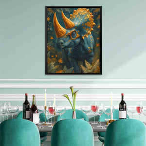 a painting of a rhino is hanging above a dining room table