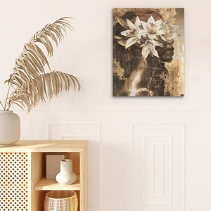 a white vase with a white flower on a shelf next to a white door