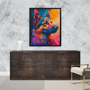 a painting of a dog on a wall above a dresser