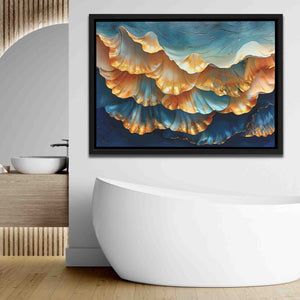 a bath room with a tub and a painting on the wall