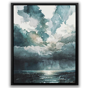 a painting of a cloudy sky over a body of water