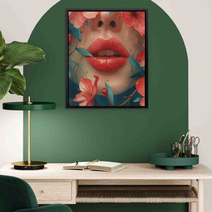 a painting of a woman's lips and flowers on a green wall
