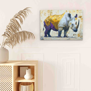 a painting of a rhino on a wall next to a potted plant