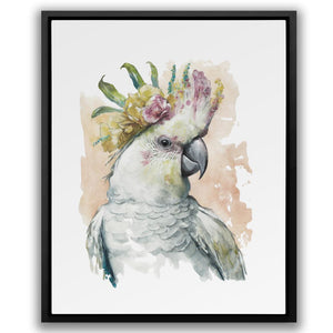 a watercolor painting of a parrot with a flower crown on its head