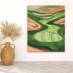 a painting on a wall next to a vase with a plant