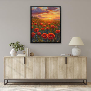 a painting of a field of red flowers