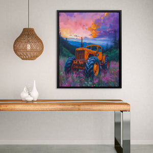 a painting of a tractor on a wall above a table