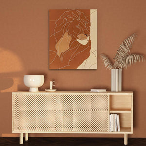 a picture of a lion on a wall above a sideboard