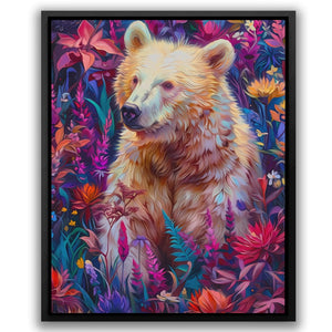 a painting of a bear in a field of flowers