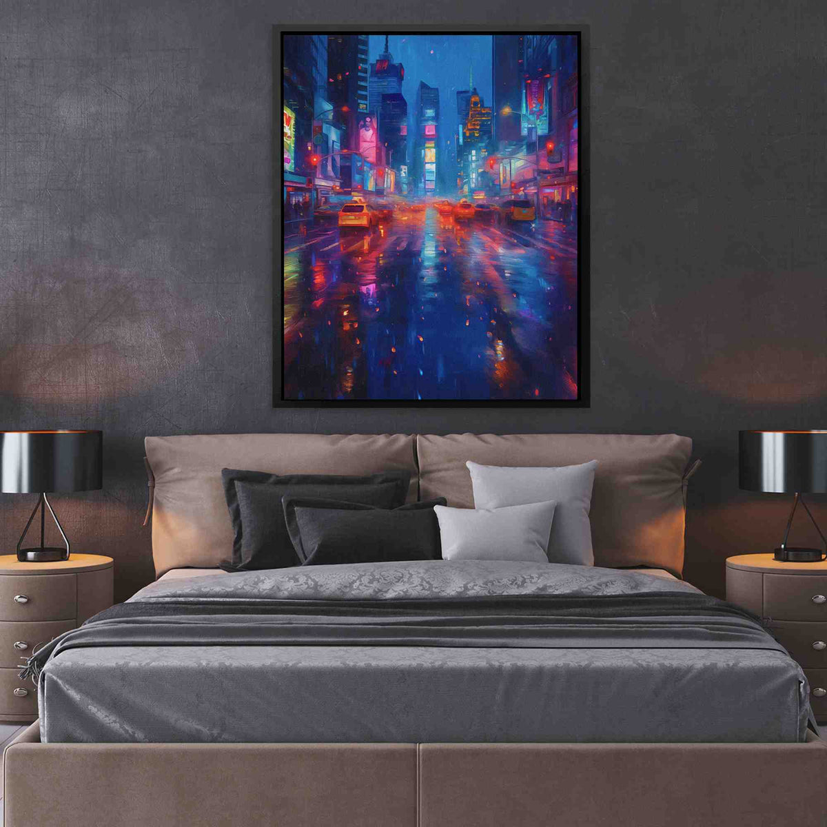 a bedroom with a bed and a painting on the wall