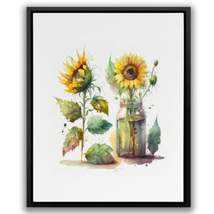 a watercolor painting of sunflowers in a mason jar