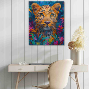a painting of a leopard on a wall above a desk