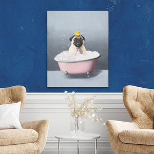 a painting of a pug in a pink bathtub