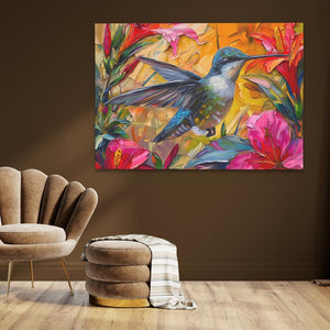 a painting of a hummingbird on a brown wall