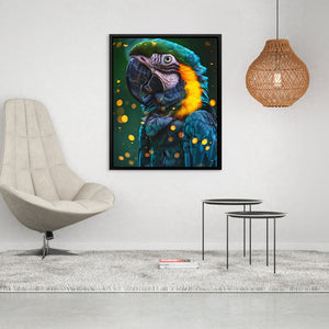 a painting of a parrot on a wall next to a chair