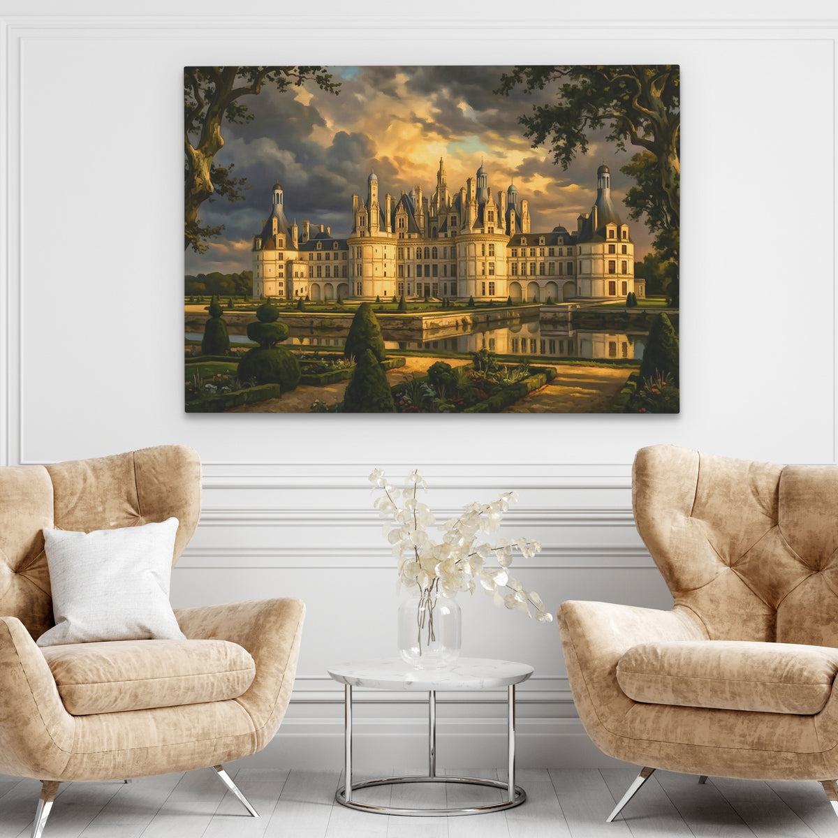 Chambord Castle Twilight Reflection — Chambord Castle Twilight Reflection brown chairs land 236