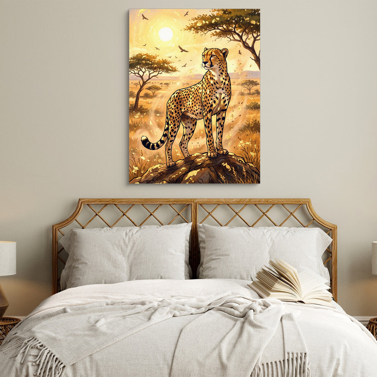Cheetah Golden Sunrise — cheetah golden sunrise sq white bedroom 1port flush print
