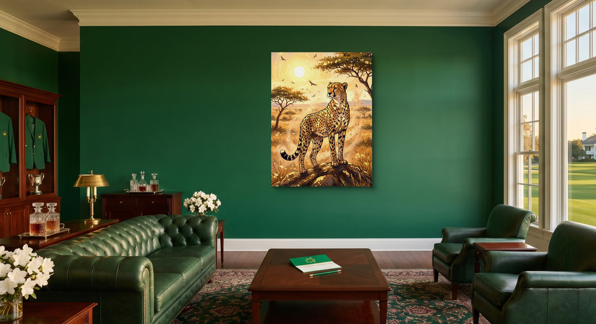Cheetah Golden Sunrise — cheetah golden sunrise living room interior view 1port flush print