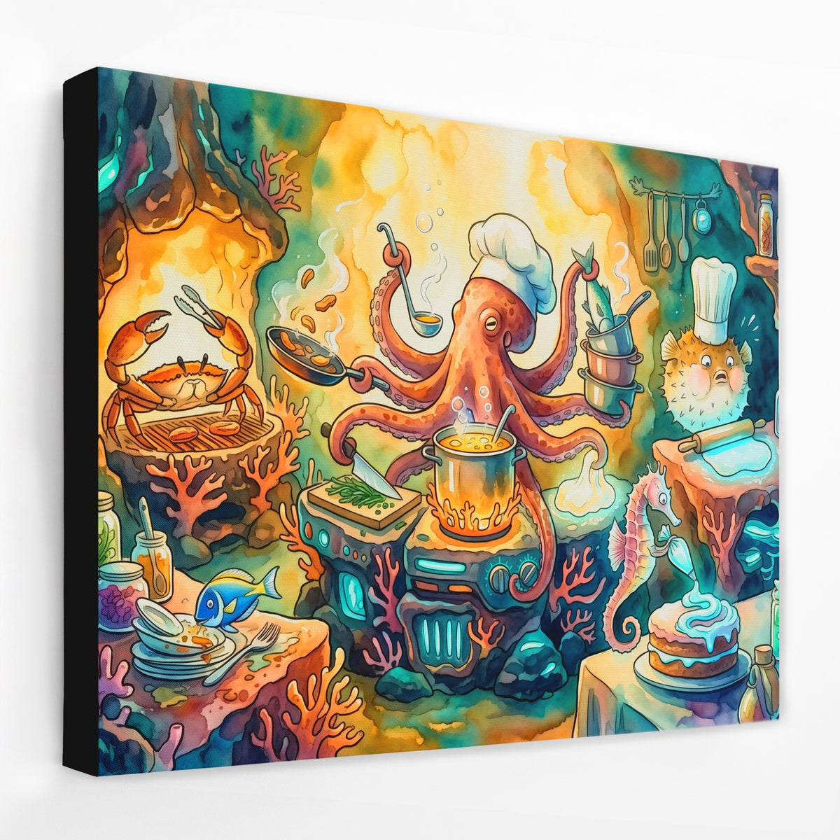 Chef Octopus Cooking — Chef Octopus Cooking Landscape   Side View   Black Wrap 125