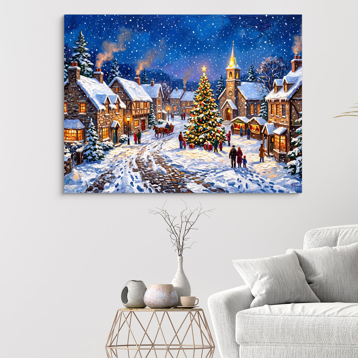 Christmas Village Snowfall — christmas village snowfall sq white walls 1land flush print