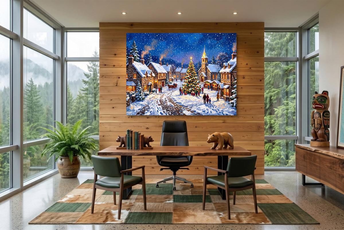 Christmas Village Snowfall — christmas village snowfall office with wooden desk 1land flush print