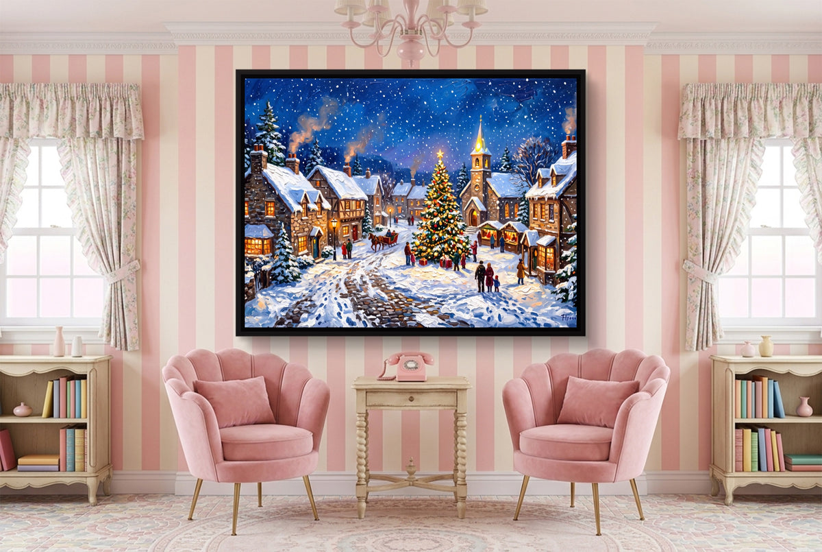 Christmas Village Snowfall — christmas village snowfall pink living room interior 1land framed black