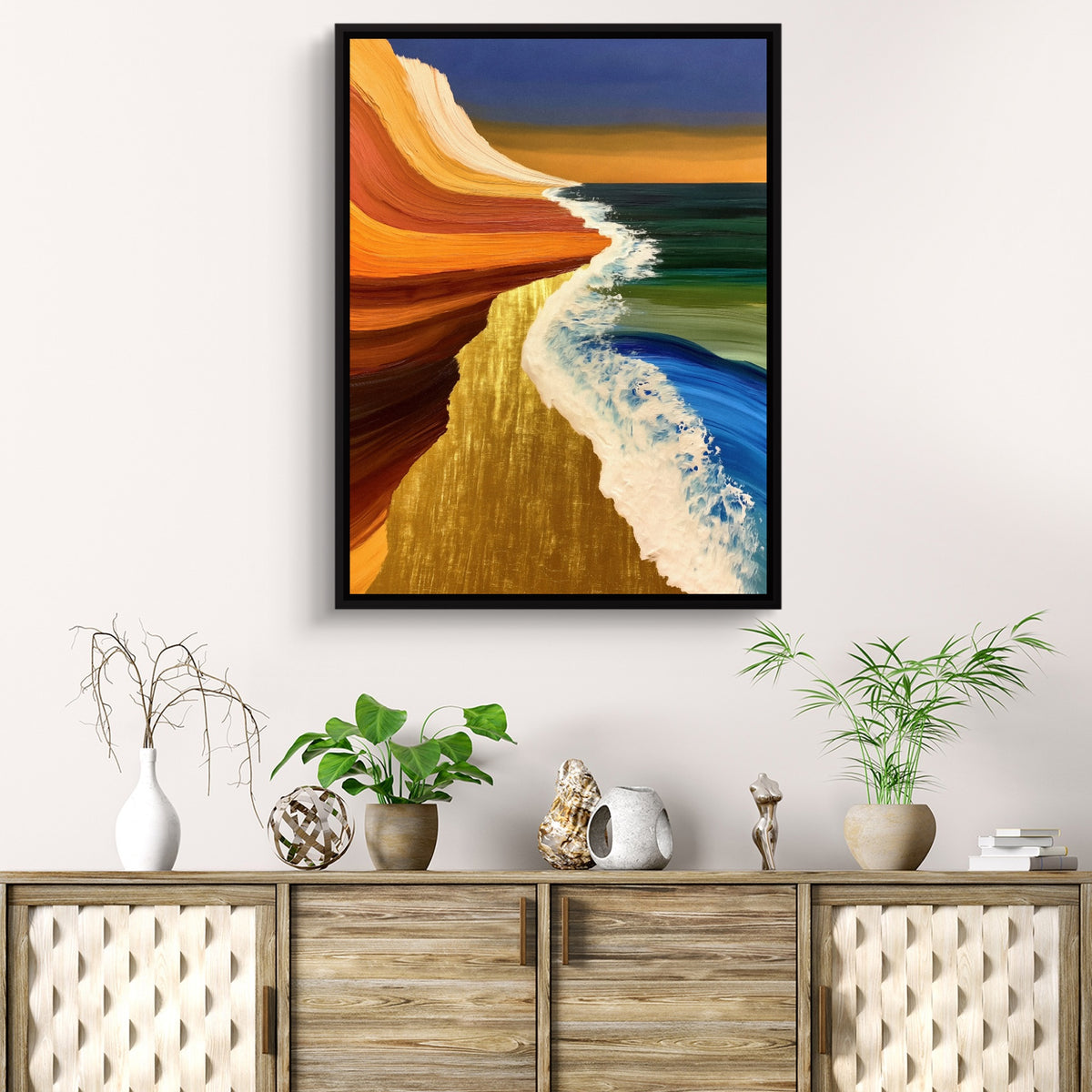 Coastal Brushstroke Flow — coastal brushstroke flow sq beach cabinet 1port framed black
