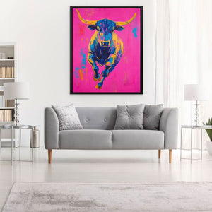 Color Burst Bull - Magenta Wall Art in Black Frame