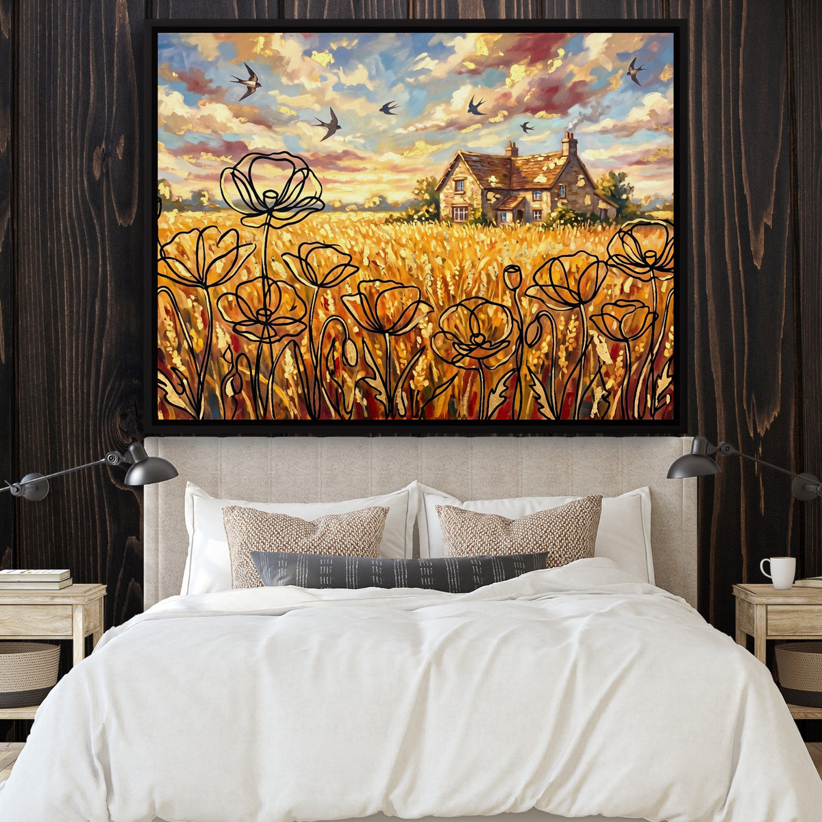 Cornfield Poppies — cornfield poppies sq bedroom with wood walls 1land framed black