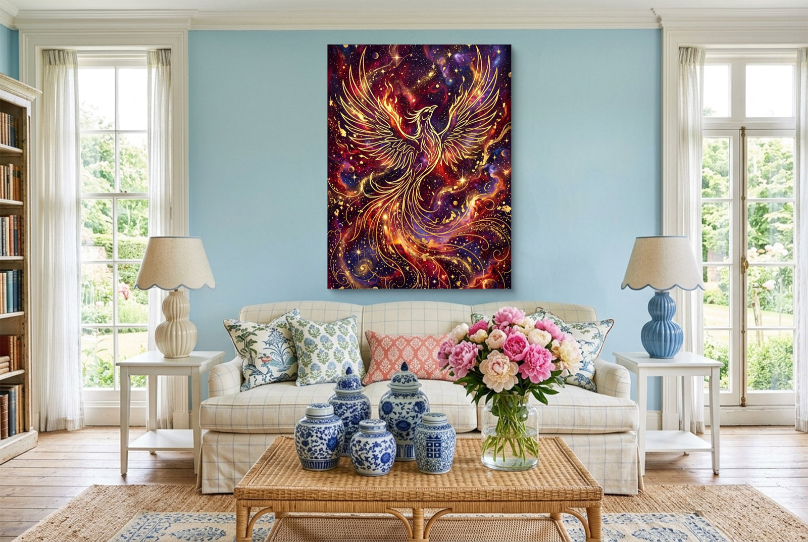 Cosmic Phoenix Soaring — cosmic phoenix soaring white studio framed black