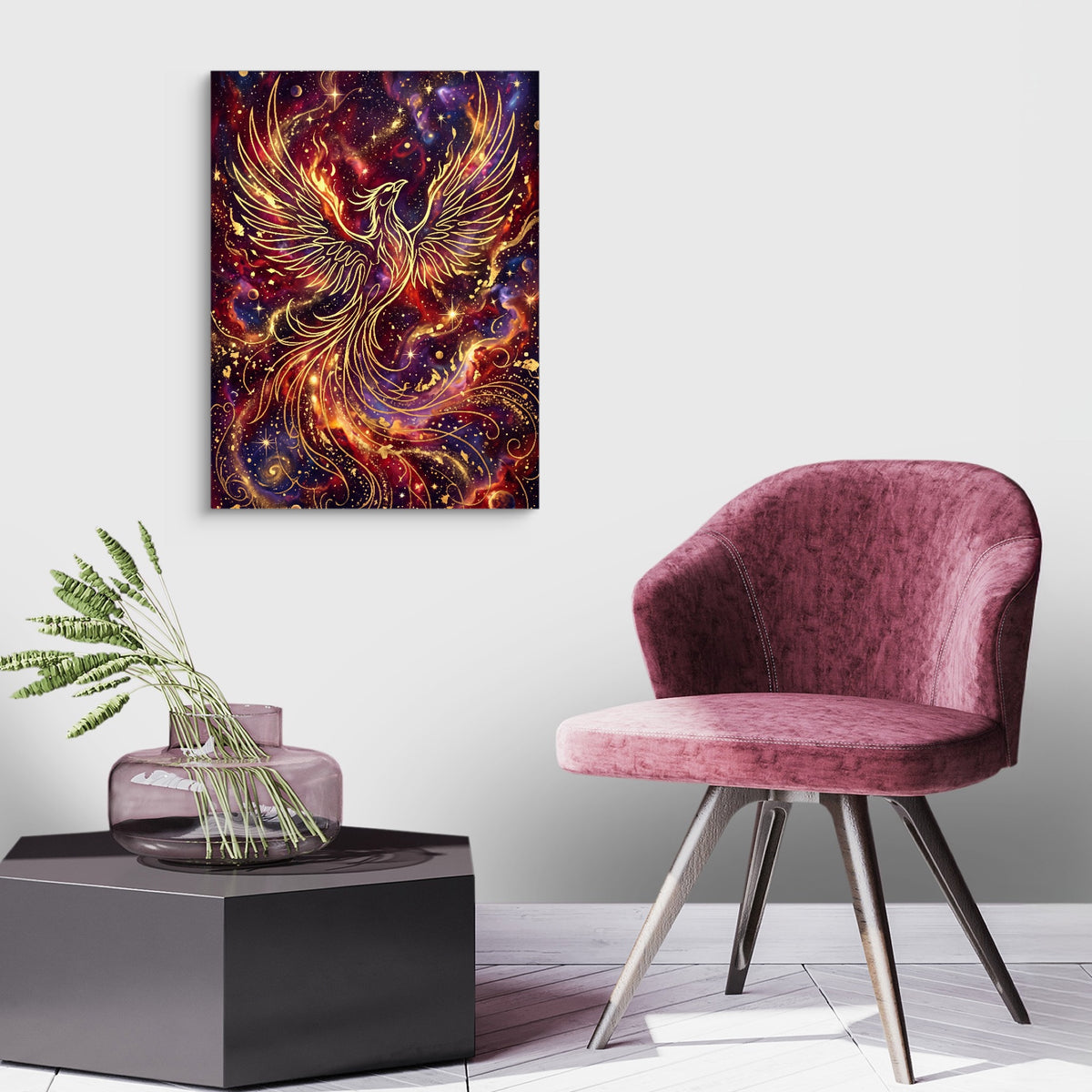 Cosmic Phoenix Soaring — cosmic phoenix soaring sq land purple chair 1port flush print
